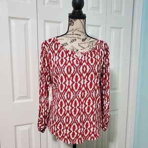 3/4 length sleeve, red print, knit top